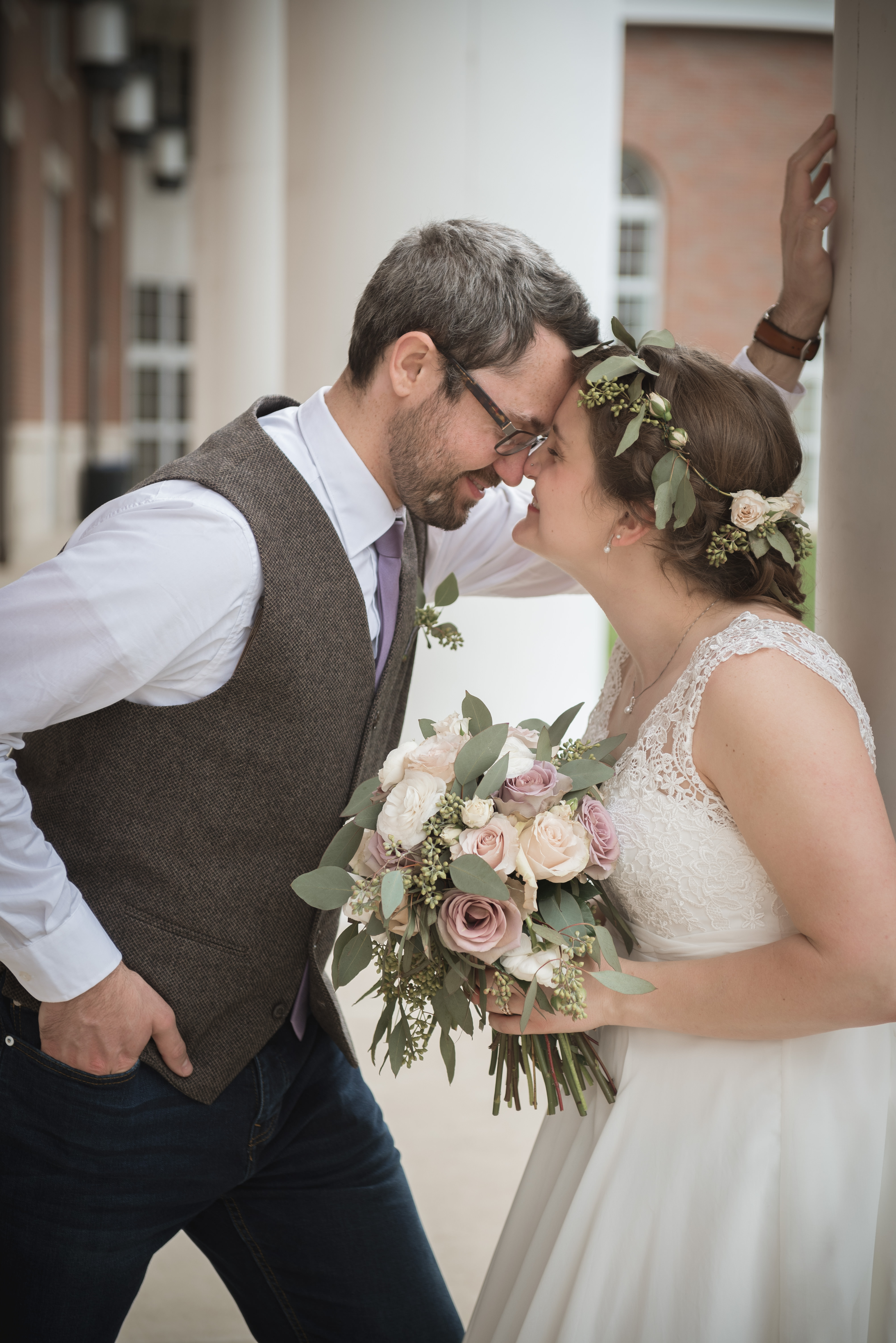 bride with flower crown and groom at Walter Hall Ohio University in Athens