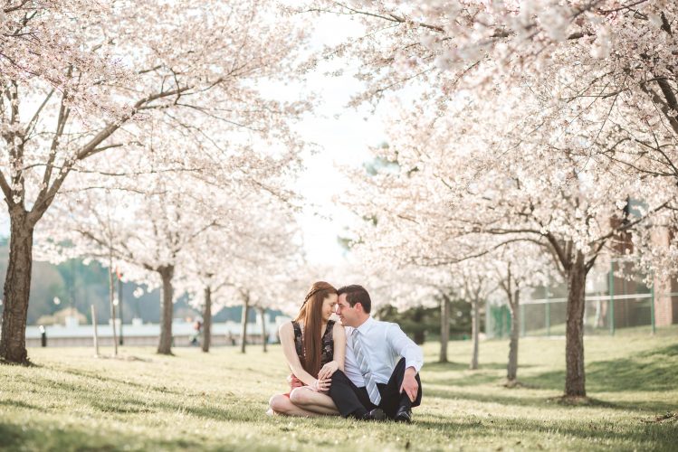 Sitting under the cherry trees in Athens ohio for the best wedding photographer